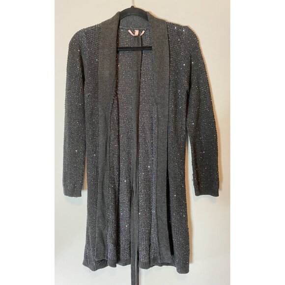 Victorias Secret Gray Sequin Open Front Long Cardigan Sweater Medium - Picture 1 of 10